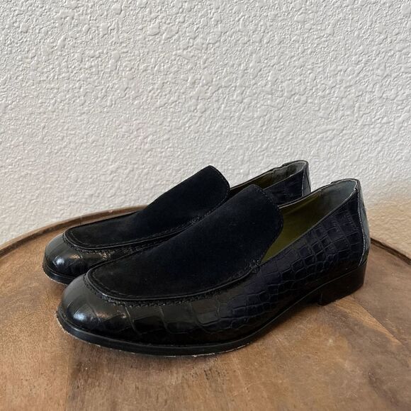 Lou Black Crocodile Embossed Leather Calf Suede Frankie Loafers Women's Size 8 - Picture 2 of 10